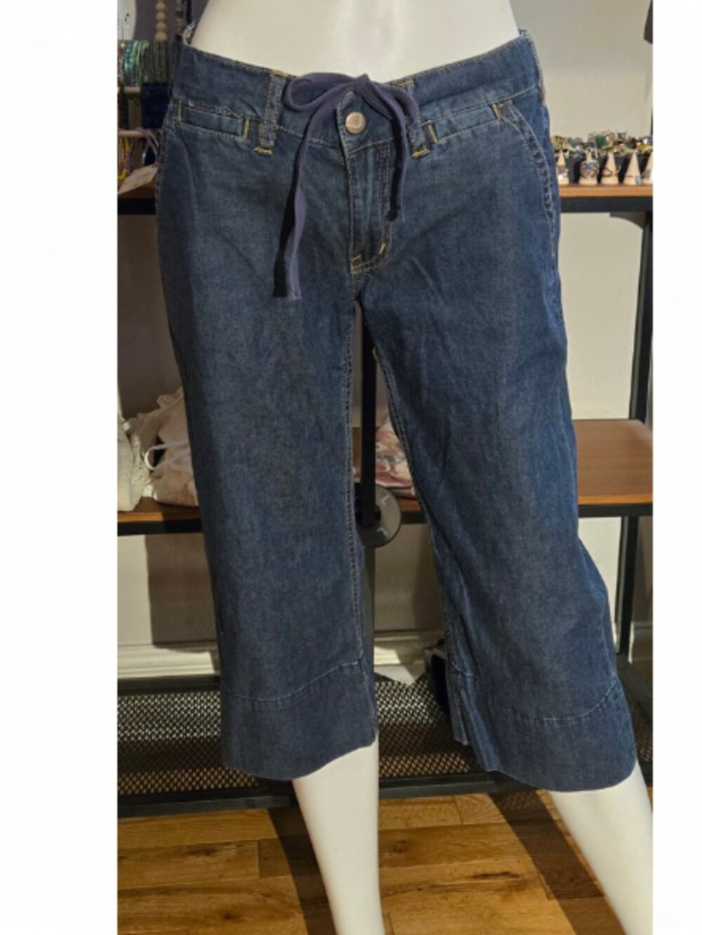 Dark Blue denim Drawstring Low Waist Capri Jeans